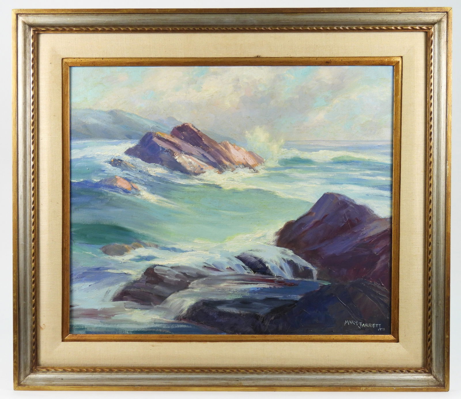 Mary Jarrett Coastal Seascape Painting: Mary Adolyn Jarrett, California, 1912-1983, Oil on canvas. Titled "Along the Coast," depicts waves crashing against ragged rocks jutting out of the ocean. Jarrett studied at Otis Art Institute in Los