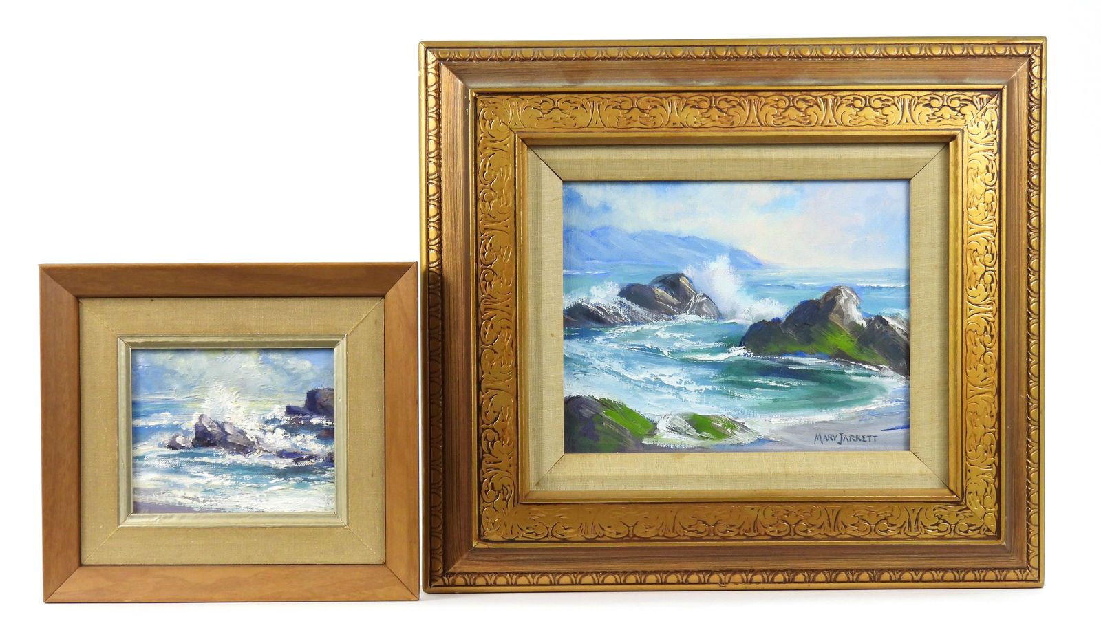 2PC Mary Jarrett Coastal Seascape Paintings: Mary Adolyn Jarrett, California, 1912-1983, Oil on canvas, oil on board. Includes two coastal depictions of waves crashing against ragged rocks jutting out of the ocean. Jarrett studied at Otis Art In