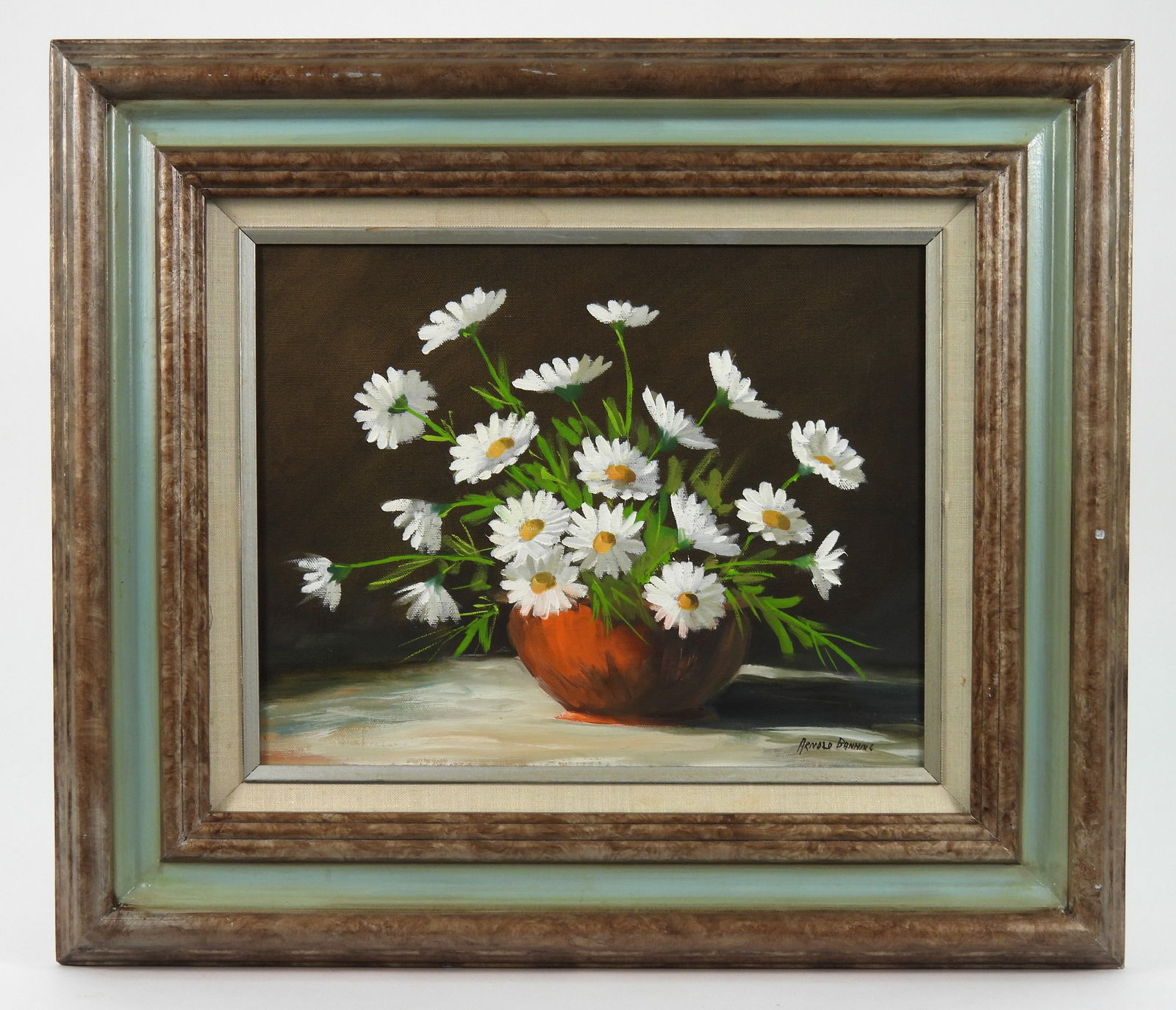 Arnold Banning Botanical Still Life Painting: Arnold Banning, United States, 1903-1991, Oil on canvas. Impressionist depiction of a squat orange vase holding an arrangement of white daisies against a dark backdrop. Canvas 11" x 14", Frame 19" x