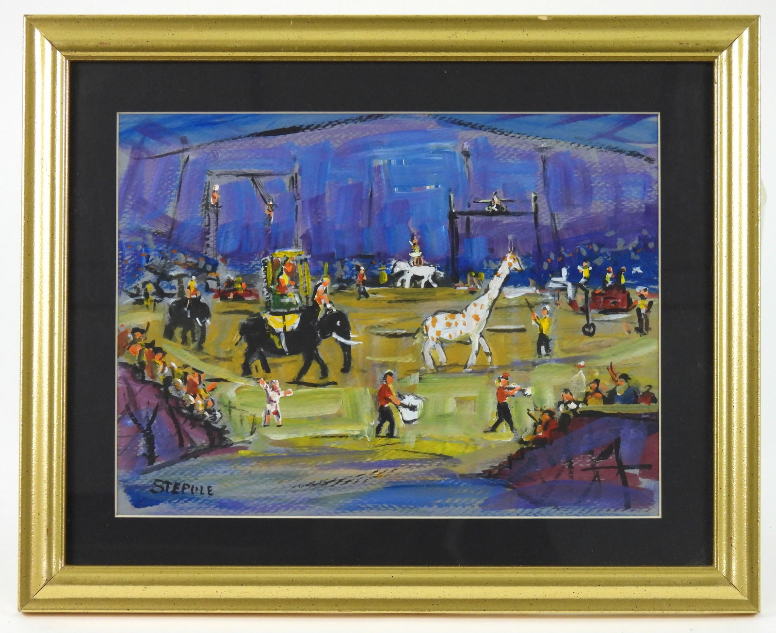 Charles Stepule Circus Performers Painting: Charles Stepule, Connecticut, Massachusetts, 1911-2006, Gauche on paper. Colorful depiction of a circus performance comprised of a giraffe, elephants, clowns, and trapeze artists. Stepule is best