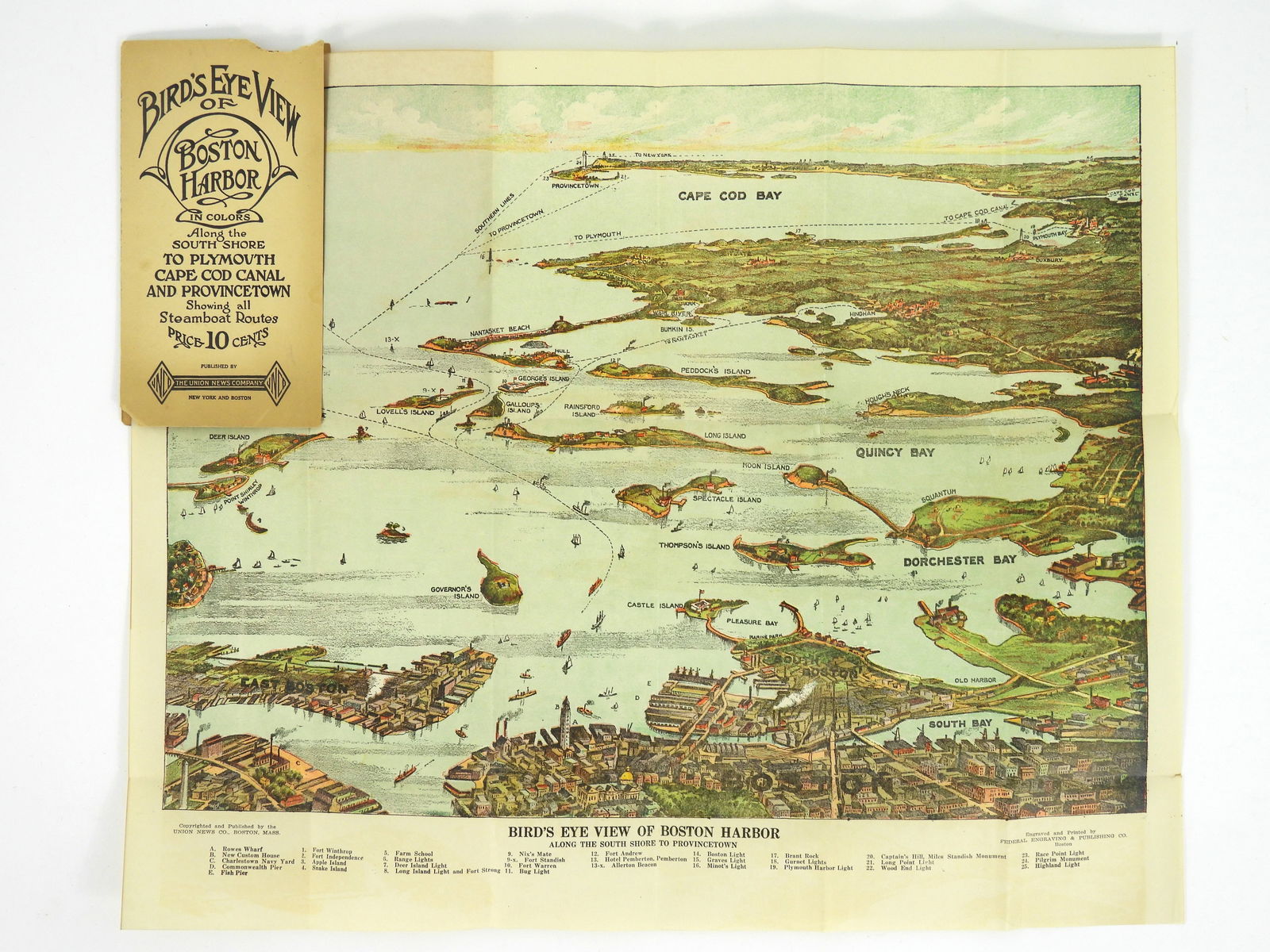 1900s Bird's Eye View Map of Boston Harbor: Boston Harbor in colors along the shore to Plymouth, Cape Cod canal, and Provincetown. Map show all the steam boat routes as well. Published by the Union News Company.