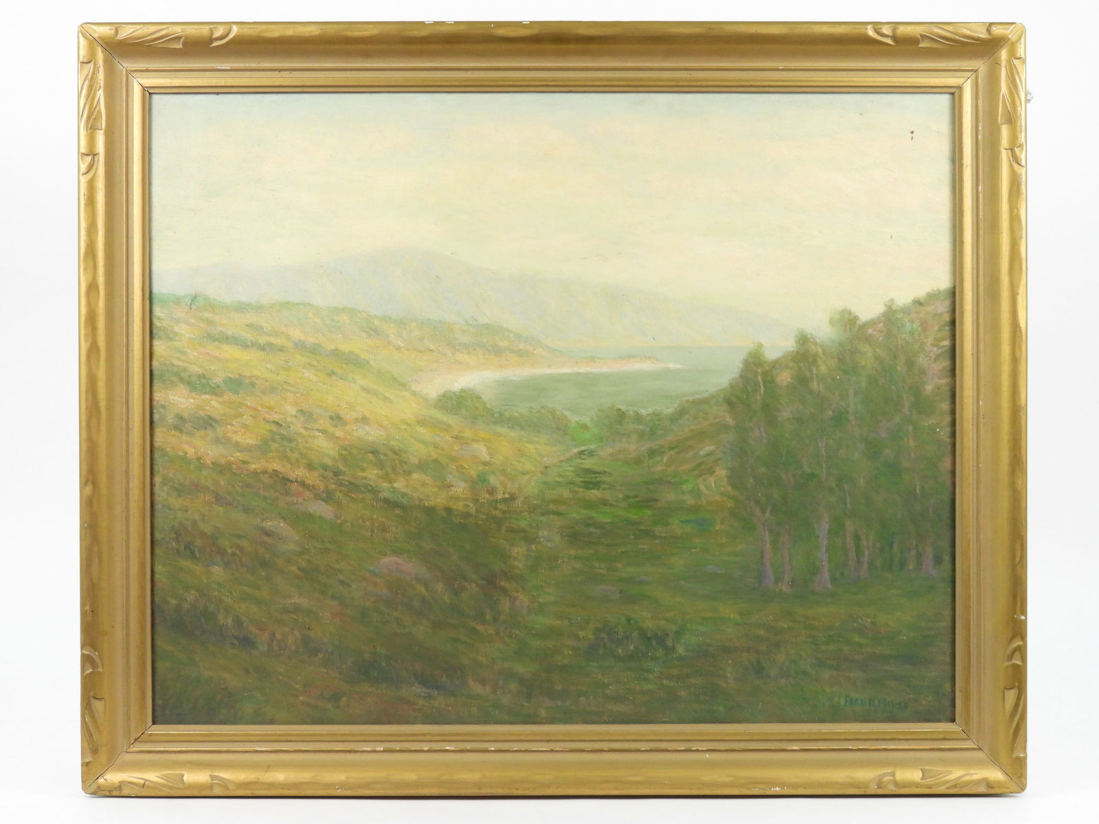 Frederick Roland Miner Landscape Painting: Frederick Roland Miner, California, Connecticut, 1876-1935, Oil on canvas. Impressionist view depicting sweeping green hills enveloping a coastal shoreline. Miner, originally from Connecticut,