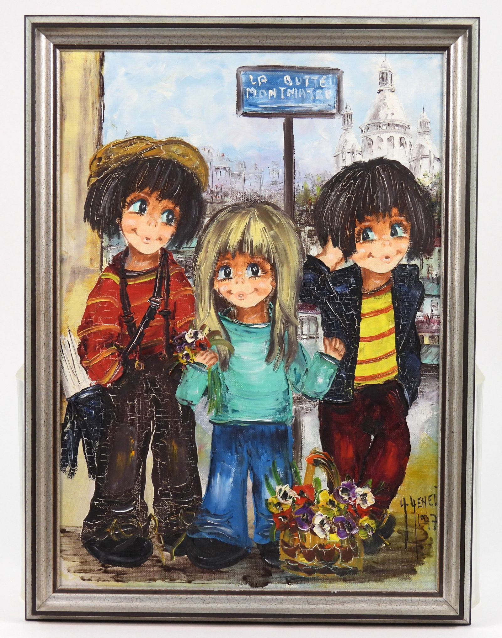 Y. Yemele Big Eye Children Painting: Y. Yemele, France, 20th Century, Oil on Canvas. Titled "La Butte Montmartre", depicts three children in the iconic "Big Eyes" style of the artist. Canvas 13" x 18", Frame 20" x 15"
