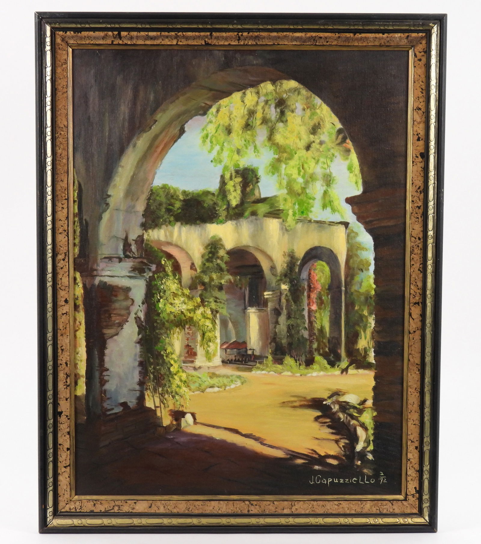 Josephine Capuzziello Architectural Painting: Josephine Capuzziello, Massachusetts, 1916-2018, Oil on board. Depicts a view of vine covered ruins from inside an archway. Capuzziello was a longtime Milford, Massachusetts resident and was an