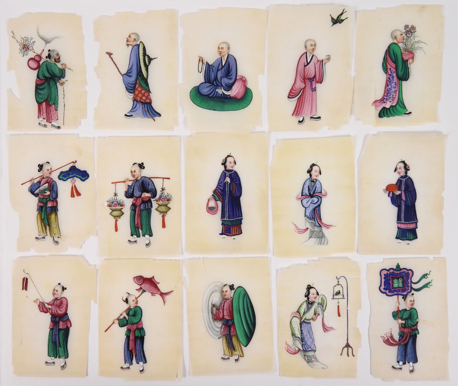 Collection of Chinese Qing Dynasty Pith Paintings: China, Qing Dynasty, Paint on pith paper. Collection of miniature Chinese pith paintings depicting male, female, and child figures dressed in elaborate robes with various objects. Each approx. 5 1/2"