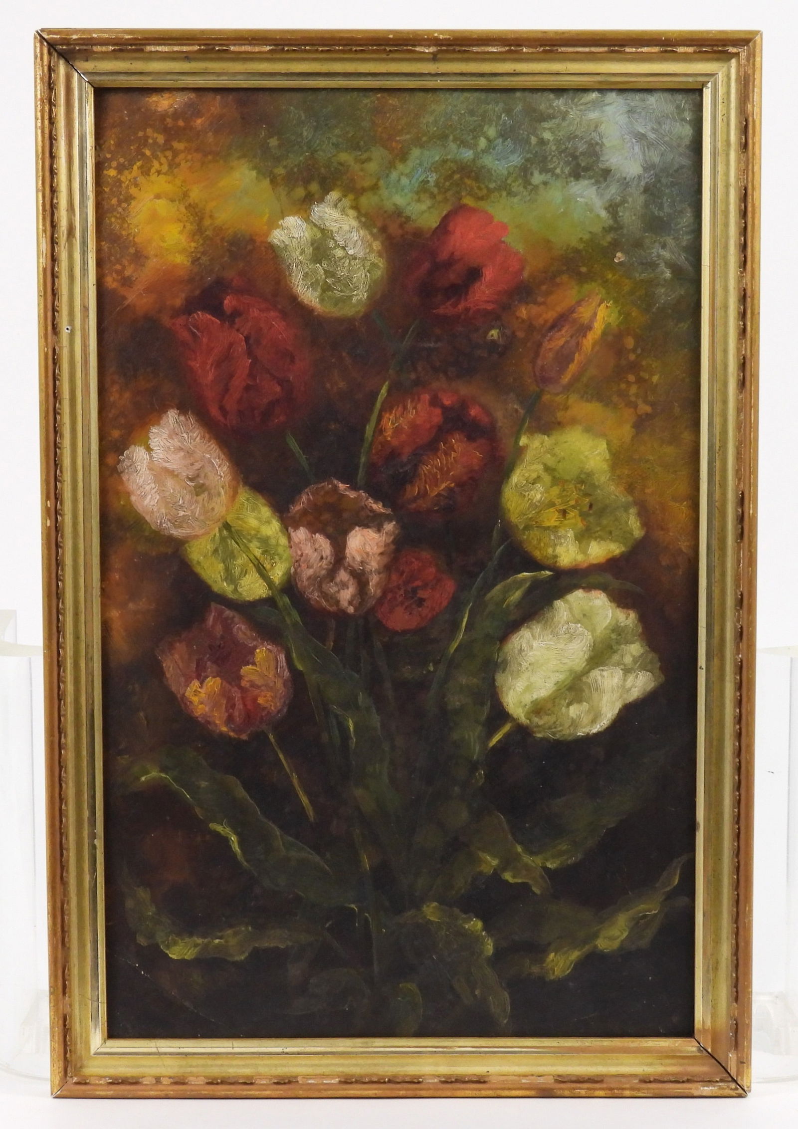 19C Floral Still Life Painting: 19th Century, Oil on board. Impressionist still life depicting an array of red, yellow, white and pink tulips against a mottled background. Board 17 1/2" x 11", Frame 19" x 12 5/8"