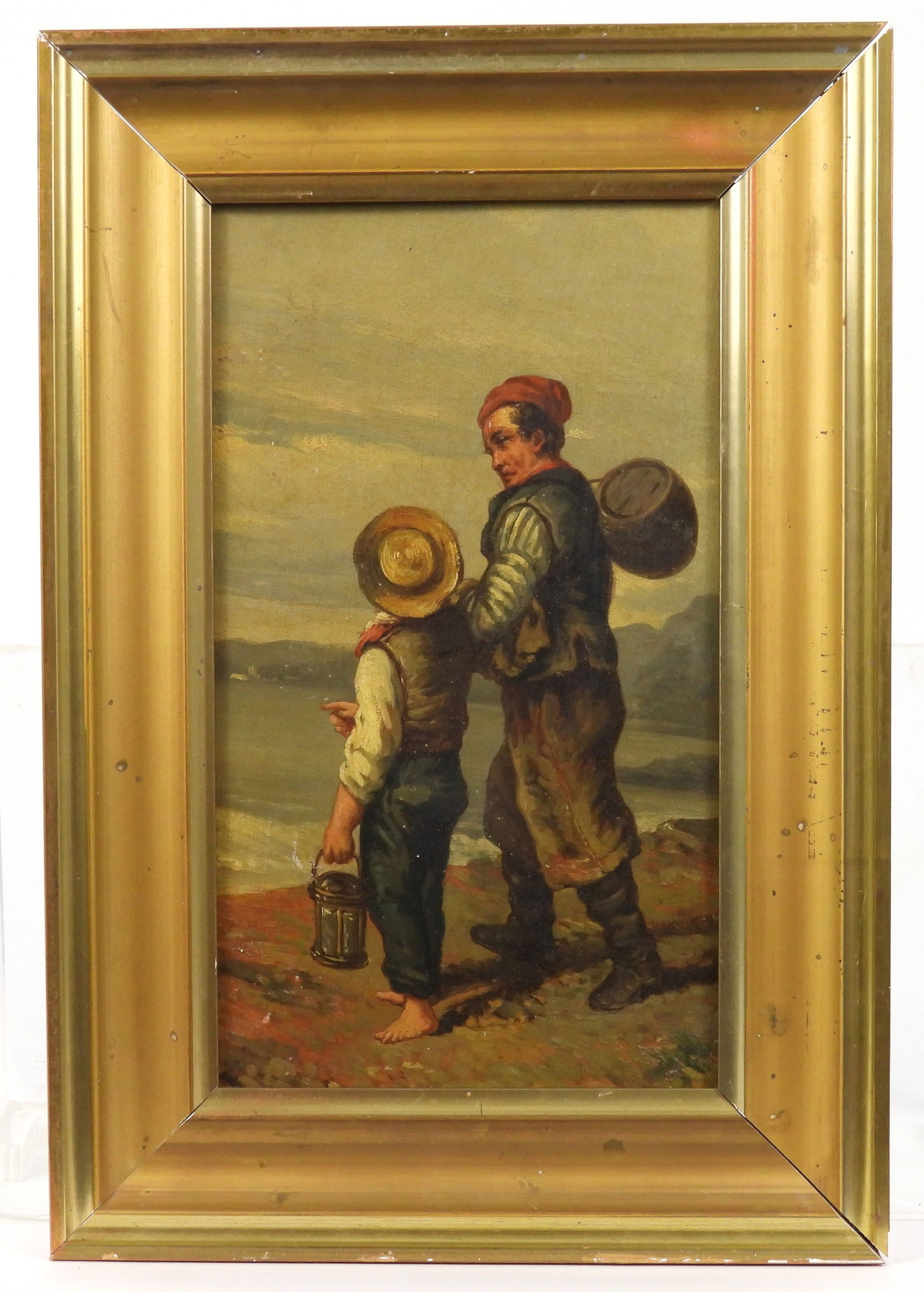 19C Fisherman Figure Painting: 19th Century, Oil on canvas. Depicts an older man in a red cap walking alongside a boy in a straw hat walking towards an ocean. The older gentleman carries a small barrel strapped to his back while