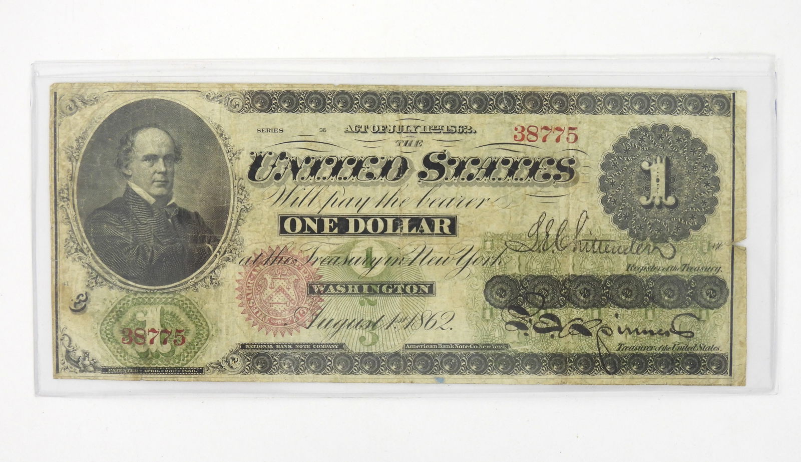 1862 First One Dollar Bill Salmon P. Chase Note: An ungraded large size Greenback U.S. Treasury $1 Dollar note from the National Bank of New York dated August 1st 1862 serial number #38775 Series 96. Has surface soiling, reverse staining, and