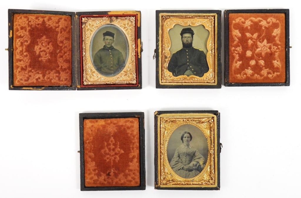 Three Civil War-era Images: An image of an infantryman wearing a forage cap with brass shoulder scales on his frock coat (detached cover); an image of a woman in a dress (detached cover); and an image of an infantryman wearing