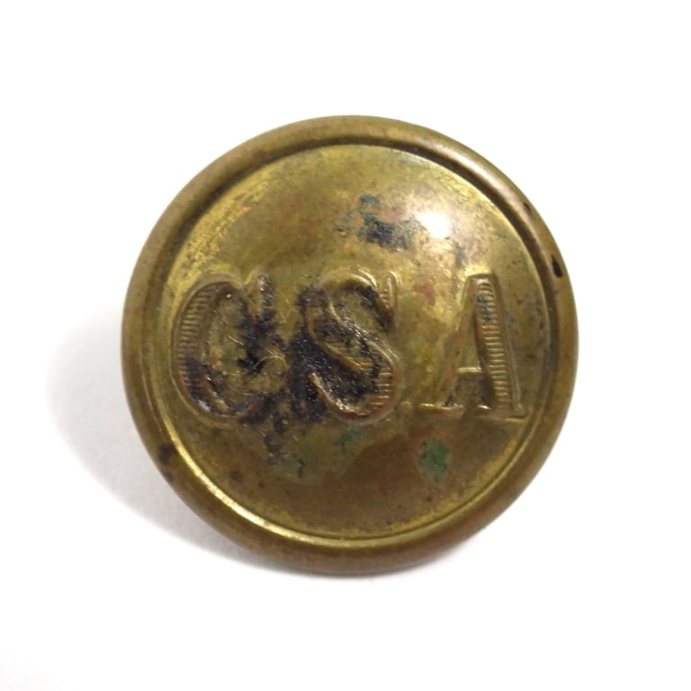 Confederate CSA Button: A coat-size brass "CSA" button with a "SUPERIOR/QUALITY" back mark.