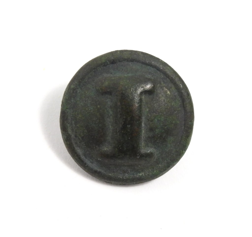 Dug Solid Block "I" Confederate Button: Solid cast brass block "I" button with intact shank.