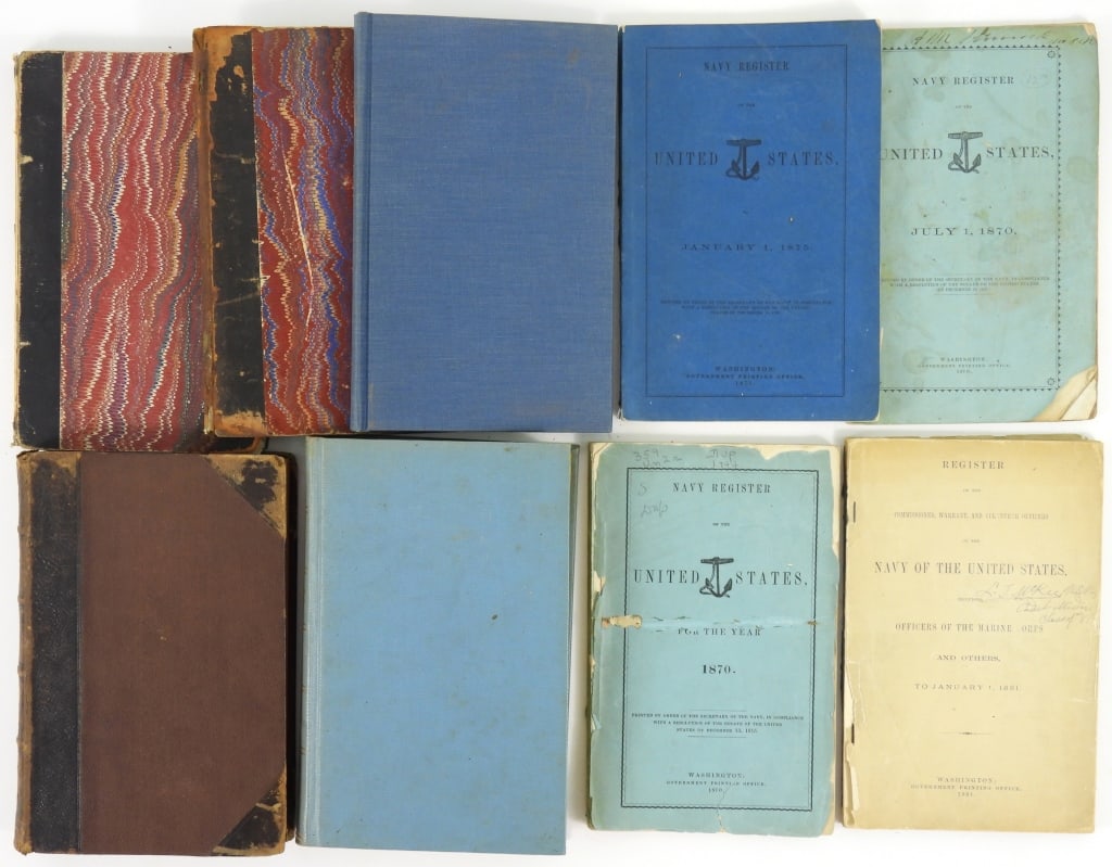 Group of US Navy Registers: An 1870-dated Navy Register; an 1875-dated Navy Register; an 1876-dated Navy Register; an 1881-dated Navy Register; an 1883-dated Navy Register; an 1886-1887-dated Navy Register; an 1888-dated Navy