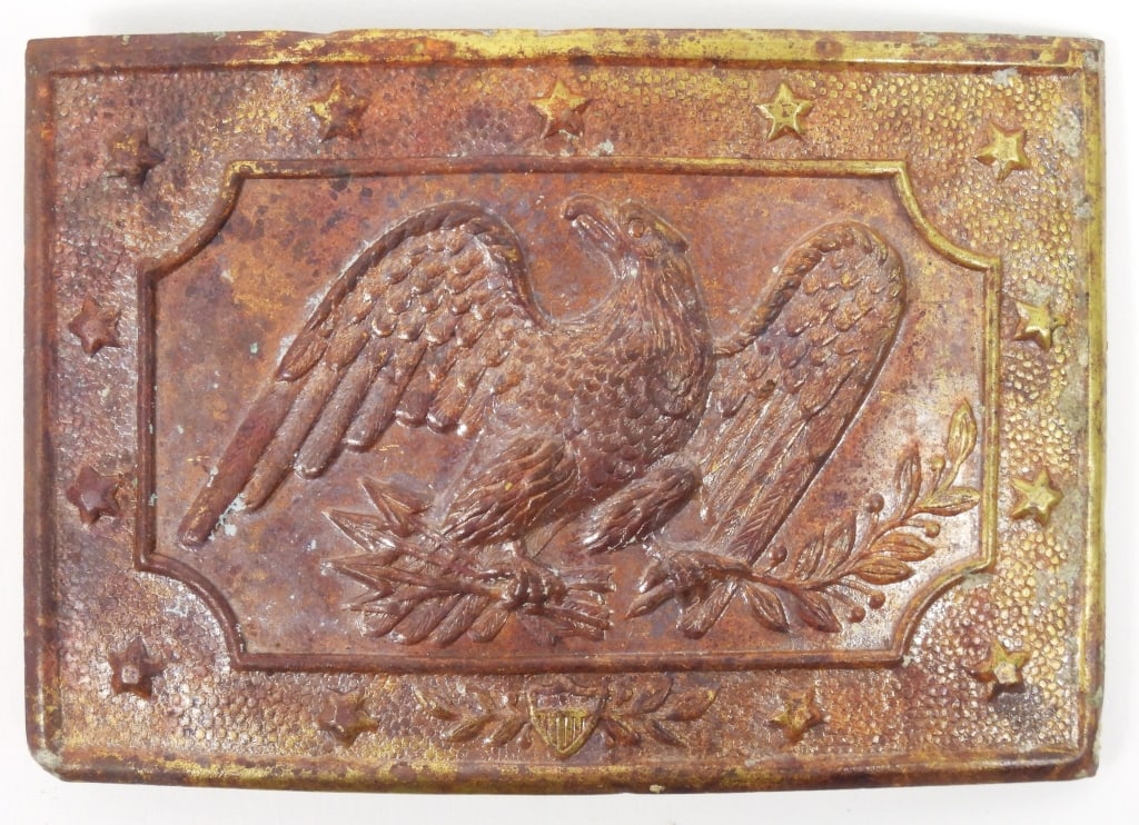 Rectangular Militia Belt Plate: Stamped brass plate with 13 stars and a central eagle, with a soldered hook and belt loop on the reverse. Overall lg. 3 3/8" Overall ht. 2 1/4"