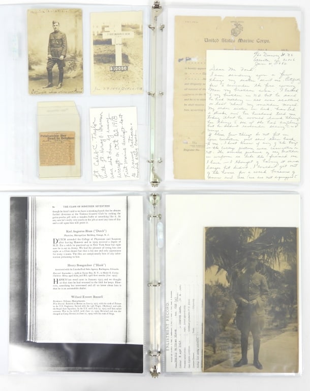 Images and Ephemera of Two WWI-era USMC Aviators: A binder with images of 2nd Lieutenant Phillip William Blood, U.S.M.C. with his dog tag, and images of bi-planes with the eagle, globe, and anchor painted on the sides; and a binder with images of