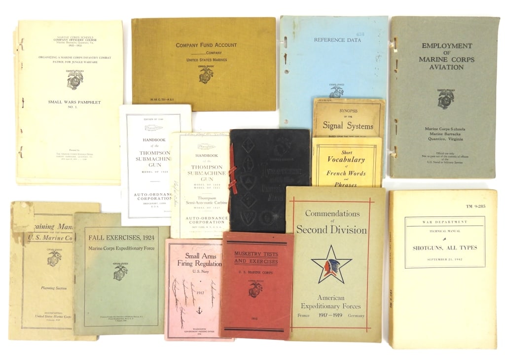 Group of US Navy and USMC Manuals: A Thompson Model of 1921, 1927, and 1928 manual marked to PFC Gibson USMC; a Thompson Model of 1928 manual; Fall Exercises, 1924, Marine Corps Expeditionary Force; Training Manual for the U.S. Marine