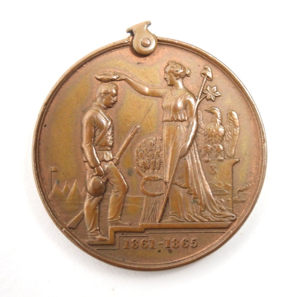 Tiffany State of Ohio Identified CW Veterans Medal: A bronze Ohio Civil War veterans medal with liberty placing a crown on a veterans head with an eagle and tents in the background, marked on the reverse "THE/STATE OF OHIO/TO/SAML. H.