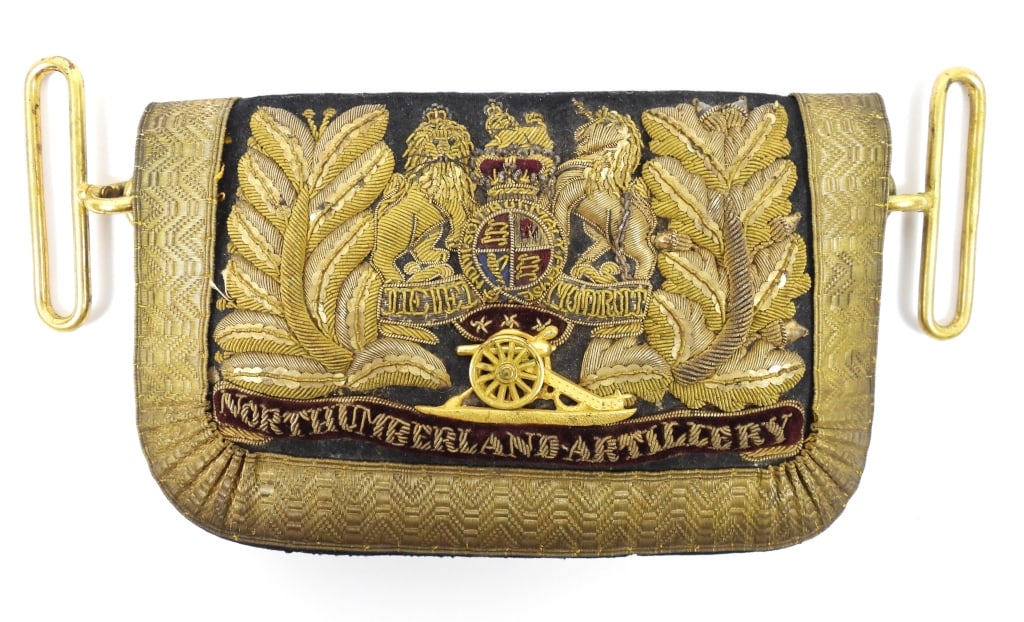 Northumberland Artillery Embroidered Pouch: Small pouch with gold metallic tape around the border of the flap, embroidered Royal Arms, a gilt-brass cannon, and marked "NORTHUMBERLAND ARTILLERY" in a banner at the bottom of the flap, with