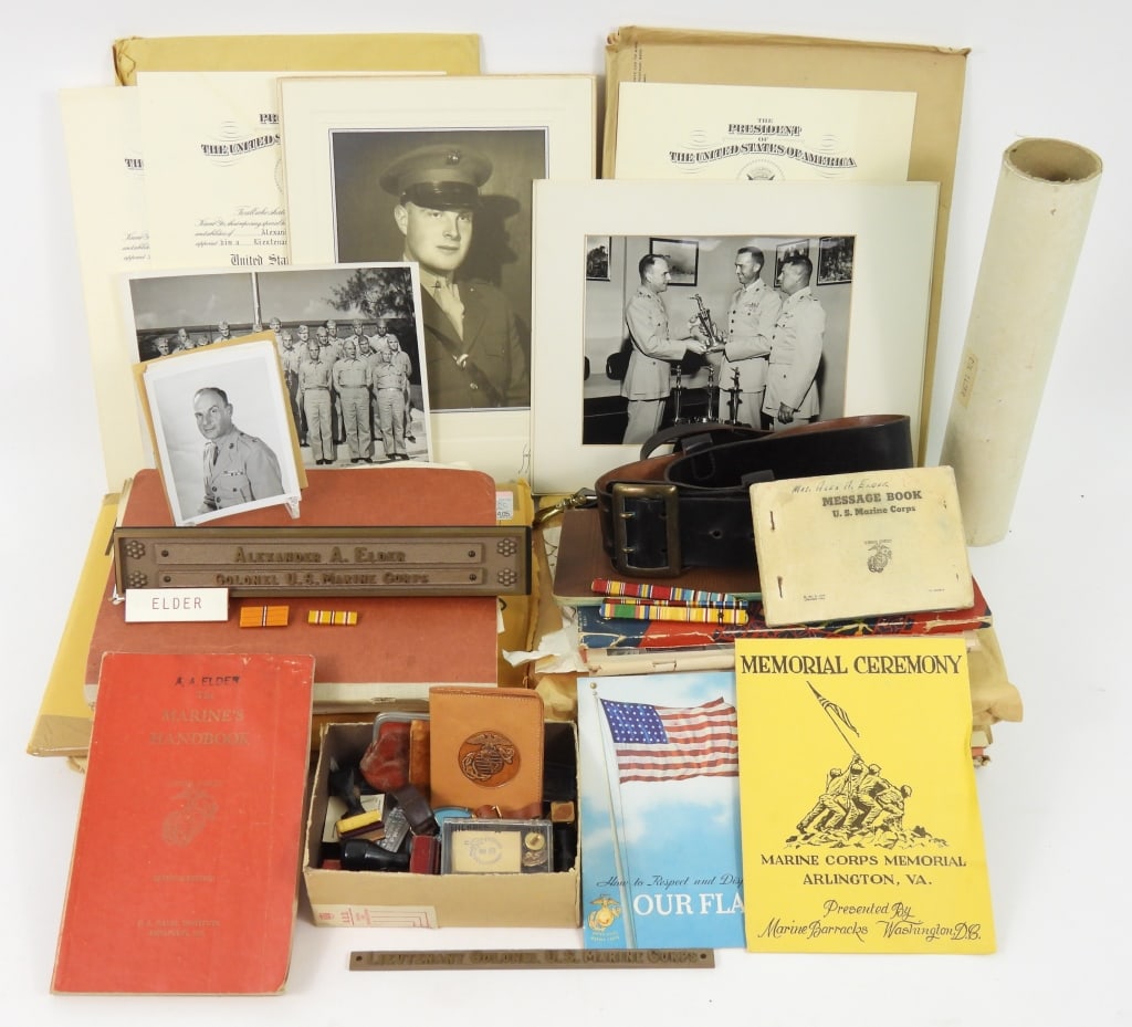 Colonel Alexander A. Elder USMC Ephemera: Large group of documents, pictures, certificates, service records, ribbon bars, pins, desk name plate of Colonel Alexander A. Elder, U.S.M.C. who served from 1940 into the 1960s.