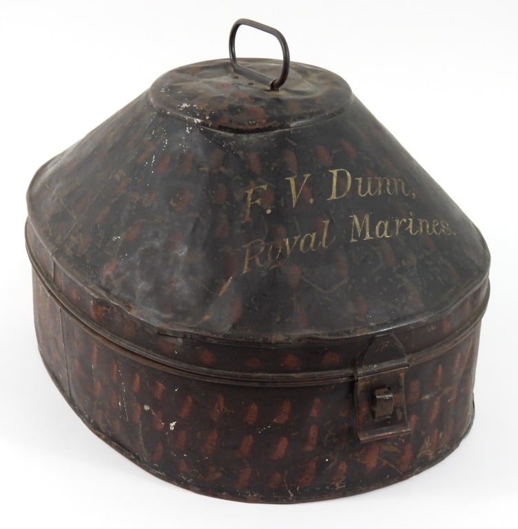 Painted Tin Royal Marines Hat Box: Paint-decorated tin hat box, marked on the lid "F.V. Dunn,/Royal Marines", with remnants of a shipping label. Overall lg. 15" Overall ht. 10"