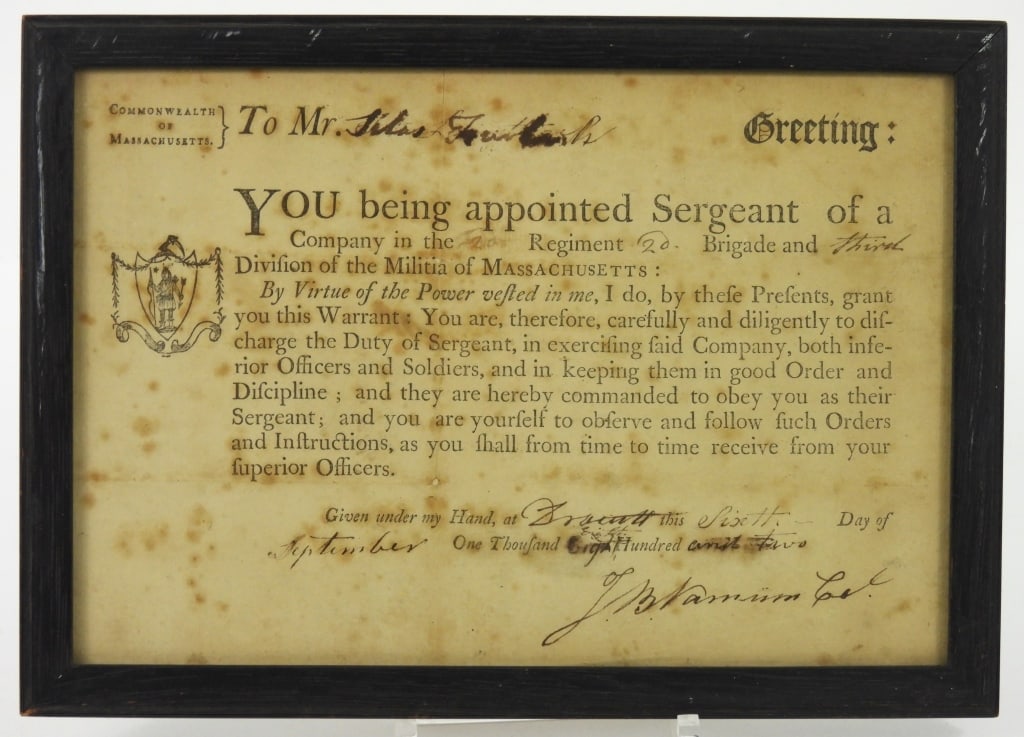 1802 Massachusetts Militia Sergeants Appointment: Commonwealth of Massachusetts appointment of Silas Furbush of Dracut to be a sergeant in the 2nd Regiment, 2nd Brigade, 3rd Division of militia under Colonel Joseph Bradley Varnum, dated September 6,