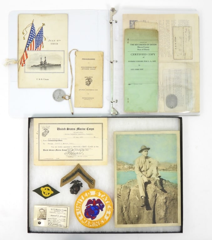 Group of US Navy and USMC Ephemera: A 1918-dated Non-Commissioned Officers dance card, pencil, and dog tag marked "GARLAND B. PORTER/6.21.18/U.S.M.C."; and image, patch, ruptured duck, eagle, globe, and anchor, identification card, and