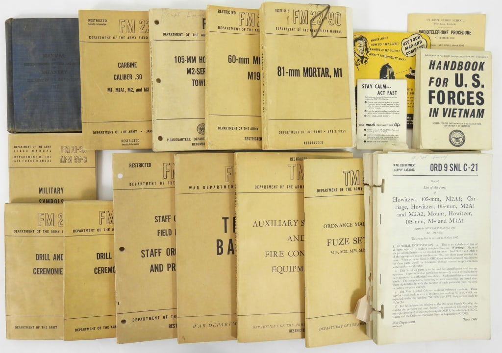 Group of Military Manuals: Two copies of FM 22-5 Drill and Ceremonies; a copy of FM 21-30 Military Symbols; a copy of FM 23-90 81-mm Mortar, M1; a copy of FM 23-85 60-mm Mortar M19; a copy of FM 6-75 105-mm Howitzer M2-Series