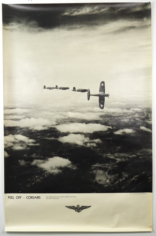 Nine WWII US Navy Aviation Training Posters: Wake Of PBY" with a Catalina taxing on the water; "Mariner Ashore" with a Martin Mariner; "Peel Off Corsairs"; Torpedo Bomber"; Echelon - Avengers"; "Hellcat Takes Off"; "PBY In The Aleutians"; "Tin