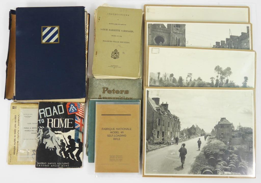 Group of Military Books and Images: A pamphlet titled "Road to Rome"; "War-Material Used by Viet Cong in South Vietnam"; an FN Model 49 manual; a manual on 5-Inch Barbette Carriages (pages detached); a Remington-UMC gun and metallic