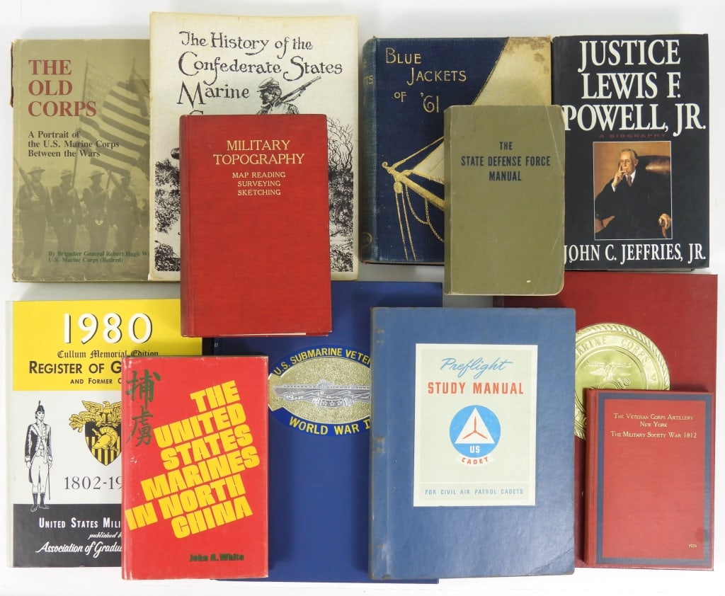 Group of Military-related Books: Preflight Study manual For Civil Air Patrol Cadets, 1944-45; U.S. Submarine Veterans of World War II, 1986; The Veteran Corps Artillery New York The Military Society War 1812, 1924; Blue Jackets of