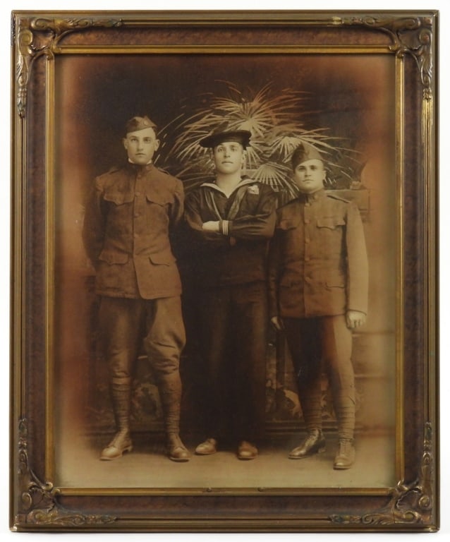 Framed Image of Three WWI Brothers: Framed studio image of three brothers, two in army uniforms and the brother in the center in a navy uniform. Frame ht. 23 1/2" Frame wd. 19 1/2"