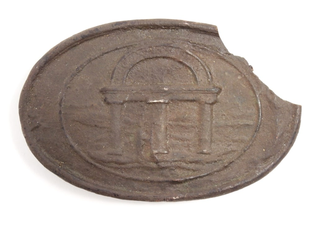 Georgia Belt Plate: A lead-filled Georgia state belt plate with some edge restoration and a piece missing on the upper right.
