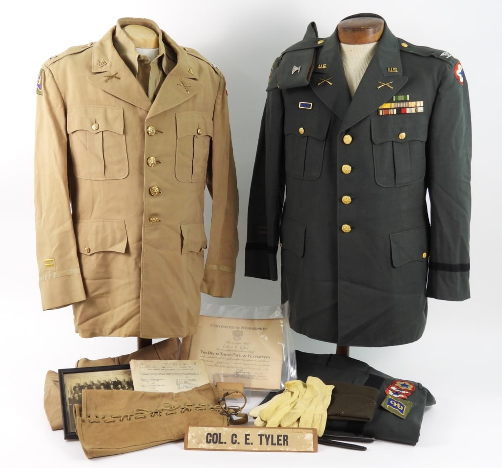 Uniforms of Colonel C.E. Tyler, US Army: Colonel Tyler's khaki summer tunic with brass buttons, CHQ patch on the right sleeve, colonel's insignia on the shoulder straps, "U.S." and crossed rifles on the collar and lapels, with a shirt and a