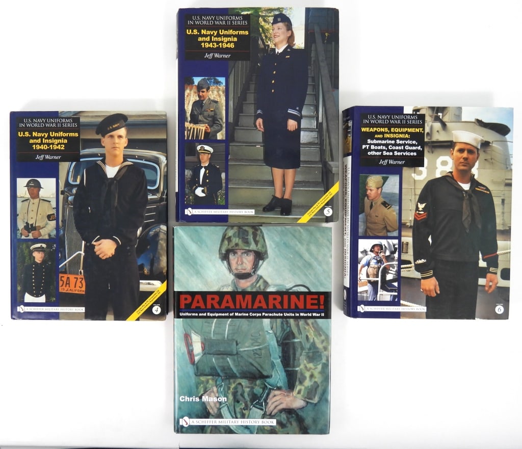 Group of WWII Navy and Marine Reference Books: A copy of "PARAMARINE! Uniforms and Equipment of Marine Corps Parachute Units in World War II" by Schiffer Publications; a copy of "U.S. Navy Uniforms and Insignia 1940-1942, Vol. 4" by Schiffer