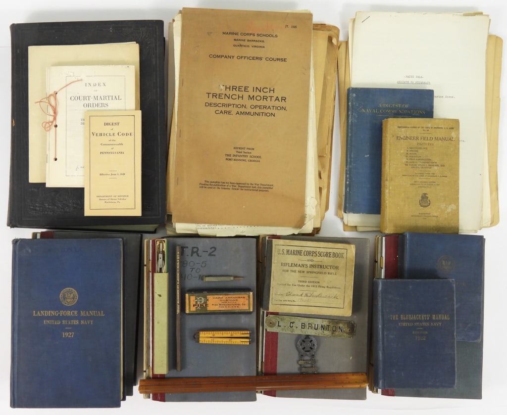 Grouping of USMC Lt. L.C. Brunton KIA Nicaragua: Scale rulers and pencils; service records and papers; Landing-Force Manual; Index of Court-Martial Orders; U.S. marine Corps Score Book and Rifleman's Instructions for the New Springfield Rifle; a