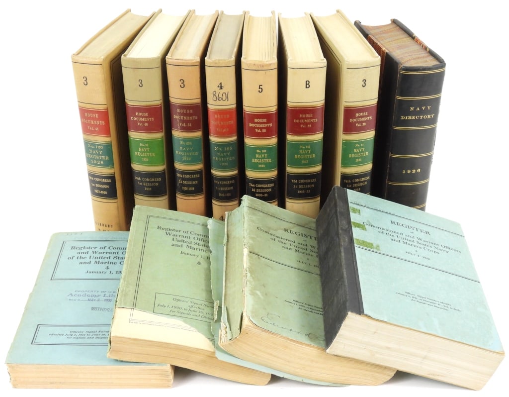 Group of US Navy Registers: A 1926-dated Navy Register; a 1926-dated Navy Directory; a 1928-dated Navy Register; a 1929-dated Navy Register; a 1930-dated Navy Register; a 1931-dated Navy Register; a 1931-dated Navy Register; a