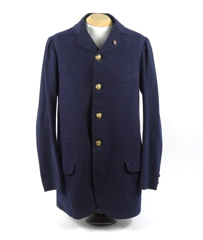 GAR Commercial-Style Sack Coat: A blue broadcloth commercial-style sack coat with brass G.A.R. buttons, a round G.A.R. membership stud in the left lapel, marked "Johnson" inside the pocket, red stripped cotton sleeve lining, and a