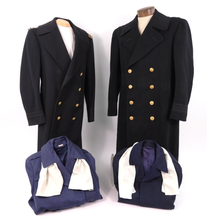 Four Military Overcoats: A U.S. Airforce overcoat with a collar label with John D. Payne, and a scarf also with a label with the same name; a windbreaker/raincoat with a scarf with; a dark blue/black U.S. Navy overcoat with