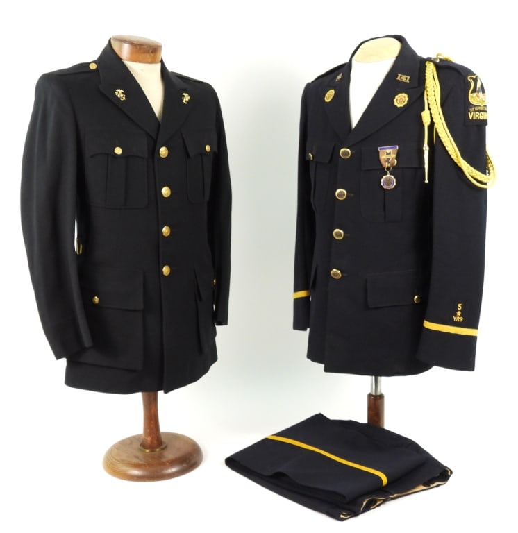 Marine Corps League and American Legion Tunics: A blue twill woven wool Virginia American Legion Post 141 tunic with Past Commander 1937 medal on the left pocket, American Legion buttons, and shoulder cords, with a pair of matching trousers; and a