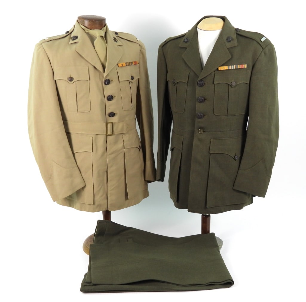 USMC Uniforms of Lt. William P. Yarger: A khaki wool summer tunic with brown-painted buttons, eagle, globe, and anchor insignia on the collar, 1st lieutenant's bars on the shoulder straps, a ribbon bar above the left pocket, marked on the