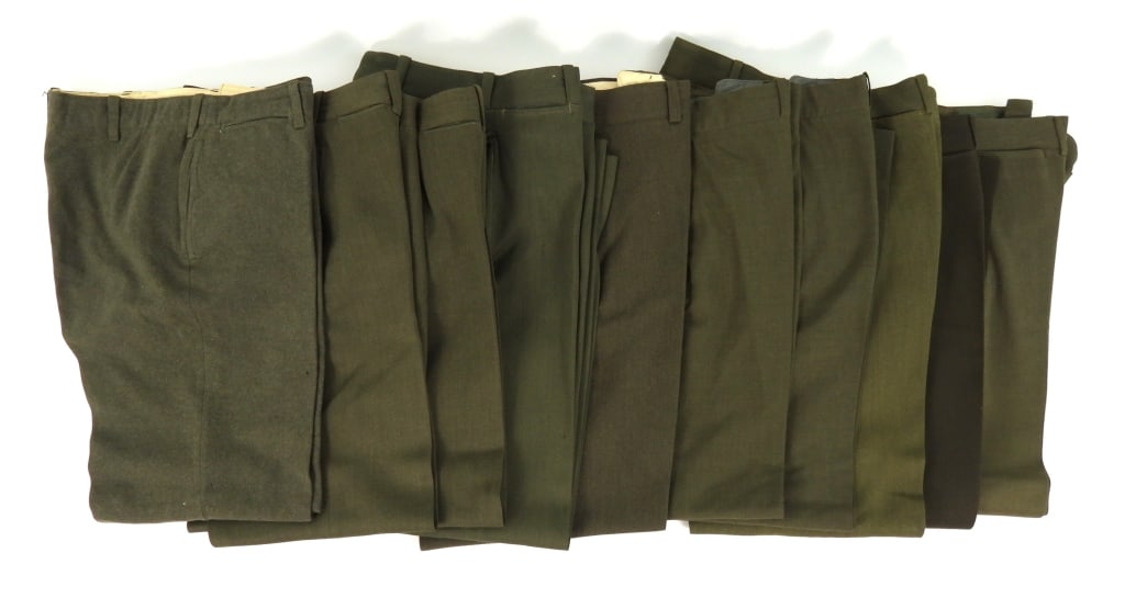 Ten Pairs of Green USMC Trousers: Nine pairs of green twilled wool USMC officer's trousers; and one pair of enlisted trousers.