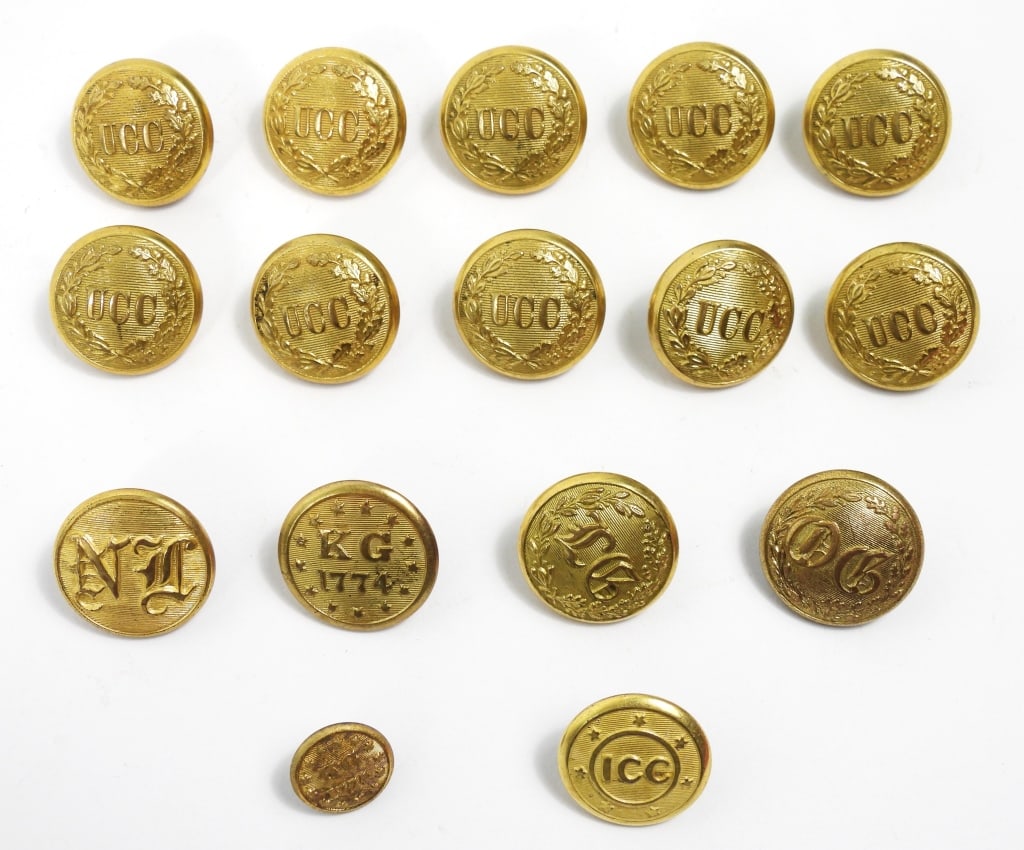 Group of 19th Century Militia Buttons: Ten coat-size Utica Citizens Corps New York militia buttons, nine with "DEVLIN & CO./NEW YORK" back marks and one with "W. A. RAYMOND/N.Y." back mark (22.5mm); a coat-size Kentish Guards button with