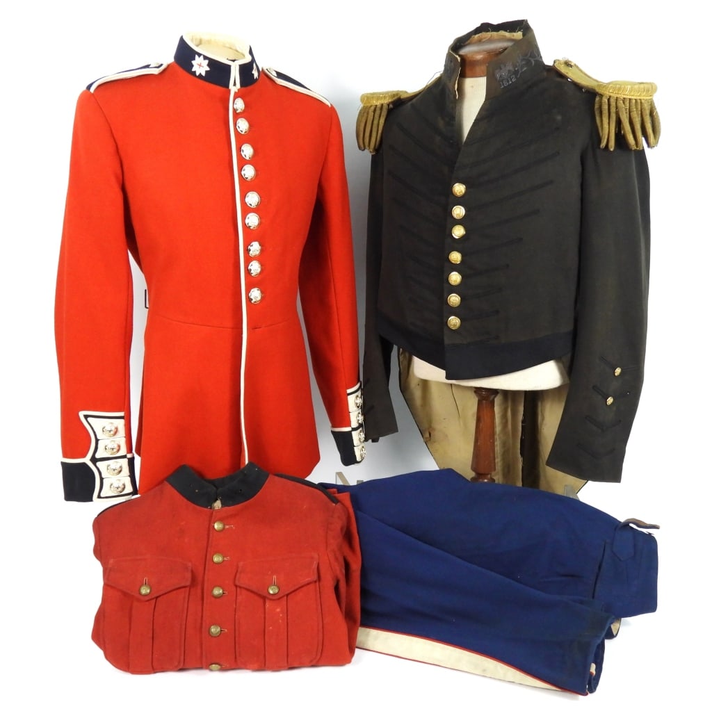 Group of Military Uniforms: A British uniform coat with Guards insignia on the collar; a Canadian red flannel jacket with a black collar; a coatee with embroidered "1812" insignia on the collar, late 19th century New York