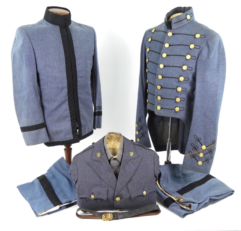 Three Cadet Uniforms: A cadet gray VMI coatee with brass buttons, black soutache trim, a pair of matching trousers with a black stripe; a cadet gray undress tunic with black mohair tape, and a pair of trousers; a gray wool