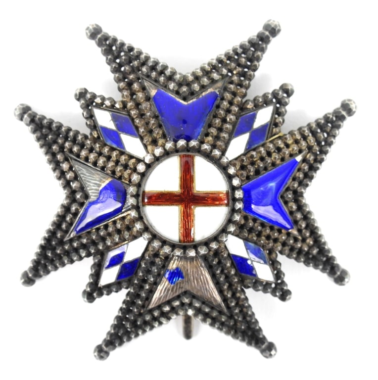 Bavarian Royal Military Order of Saint George: Silver order with blue enameled Maltese cross, blue and white enamel work between the cross, and a central white circle with a red cross, with a central circle on the reverse marked