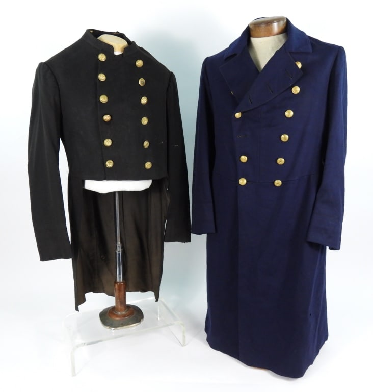 Two Frock Coats: A dark blue broadcloth Cleveland Grays coat with brass 'CG" buttons "J. WAGEMAN & SONS" on the back, with a green lining and Wageman label in the collar (one button detached but in the pocket); and a