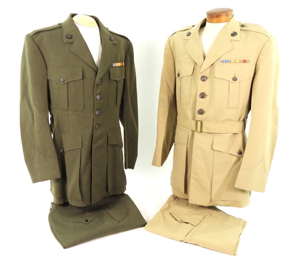 USMC Uniforms of 1st Lt. Kenneth E. Stone: A green twill woven wool U.S. Marine Corps officers tunic with brown-painted buttons, clutch back 1st lieutenant's bars on the shoulder straps, screw back eagle, globe, and anchor insignia on the