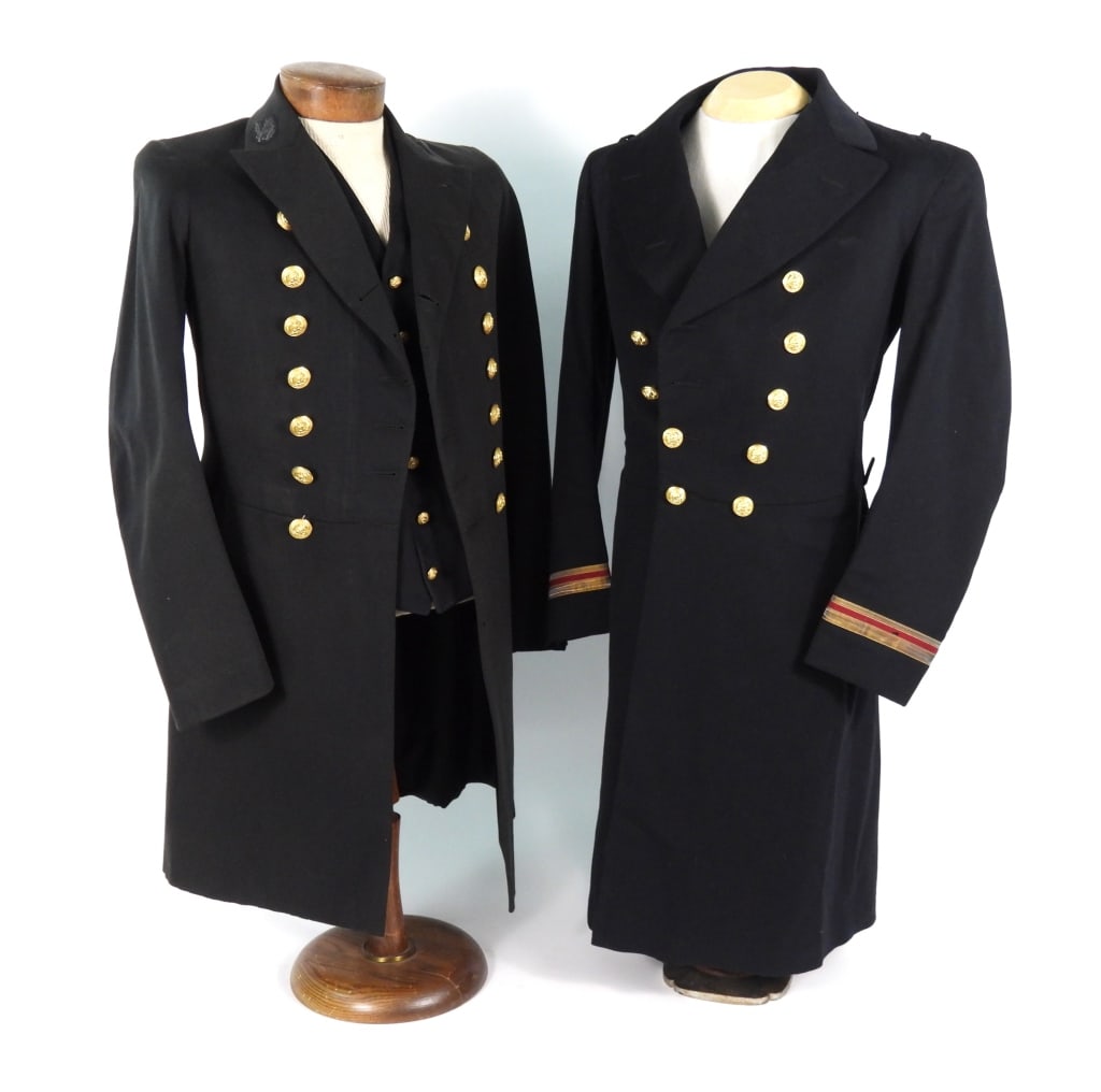 Two US Navy Frock Coats: A dark blue broadcloth Navy frock coat with brass buttons, junior grade lieutenant medical insignia on the sleeves, black twilled lining with a label in the pocket marked "a.a. surg Byrd C. Wllis"; an