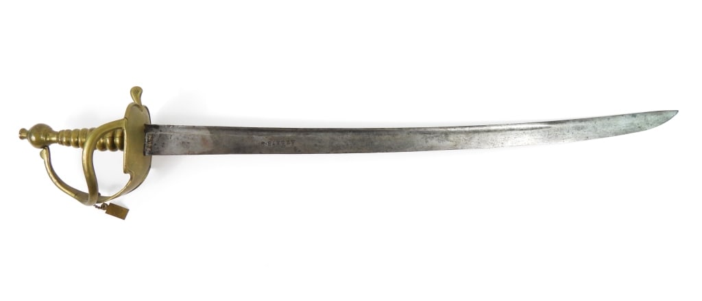 Harvey Brass-hilted British Infantry Hanger: Brass hilt with rounded pommel and short grip, monster head hanger-type counterguard and branch, a brass tag on the hilt marked "AJDD/S 55", a steel blade with a collection number "B-46-72" marked on 