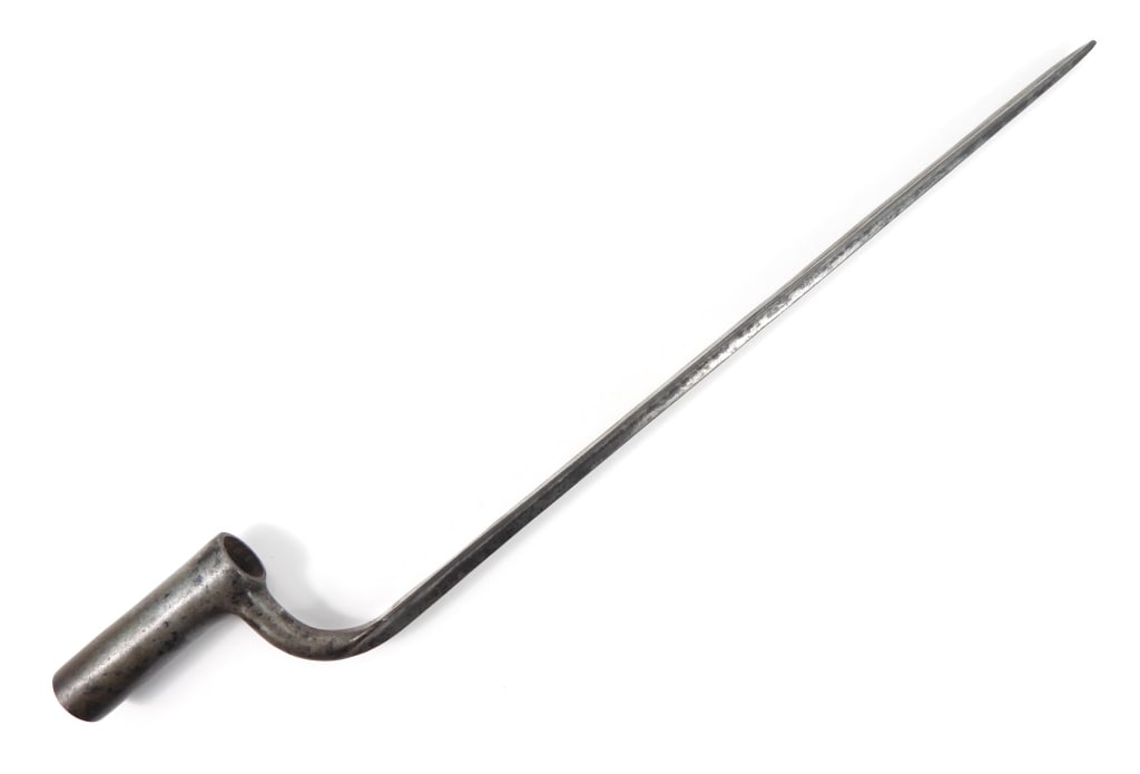 French Model 1763 Infantry Musket Bayonet: Triangular bladed French Model 1763 socket bayonet with a "W" on the base of the blade and collection number "F4/25" below. France Blade lg. 13 7/8" Overall lg. 18 1/4"