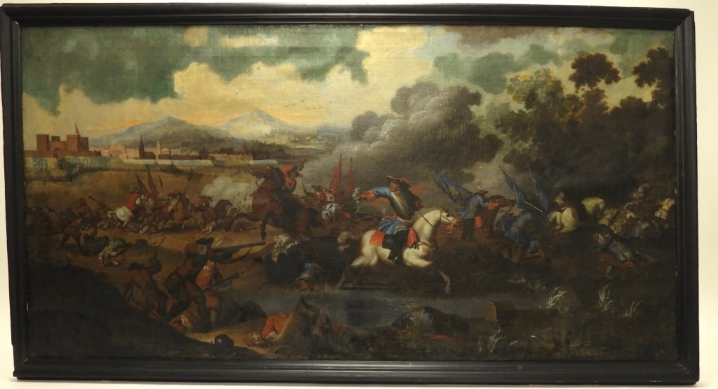 Circle Of Huchtenburgh 17th-C Battle Scene: Impressive large 39-1/2" x 73" overall framed O/C, appears to be a battle from the War Of British Succession circa 1690. Has similar characteristics of the Battle of Boyne executed by Jan Van Huchtenb